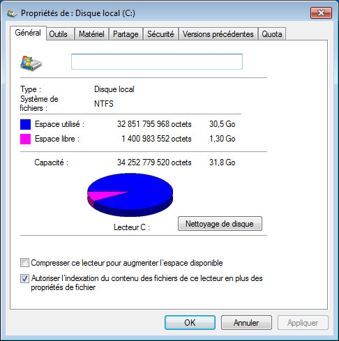 Propriétés du disque dur sous Windows 7