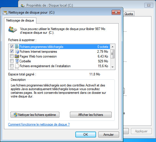 Liste des éléments pouvant être nettoyés sur le disque par Windows 7