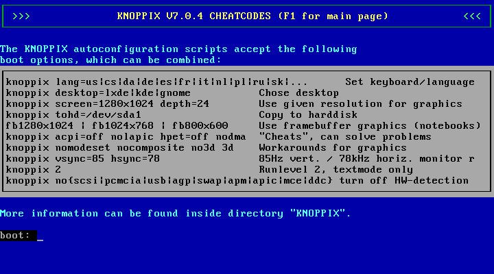 écran de démarrage de Knoppix écran de démarrage de Knoppix