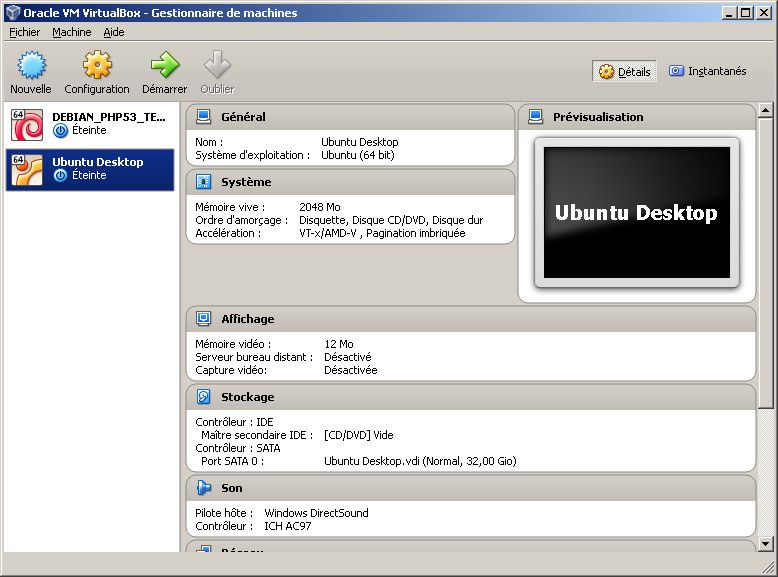 Fenêtre de gestion des machines virtuelles sur VirtualBox Fenêtre de gestion des machines virtuelles sur VirtualBox