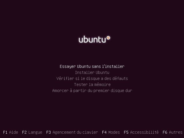Démarrage sur un live CD de Ubuntu. On vous propose de l'essayer sans l'installer. Démarrage sur un live CD de Ubuntu. On vous propose de l'essayer sans l'installer.